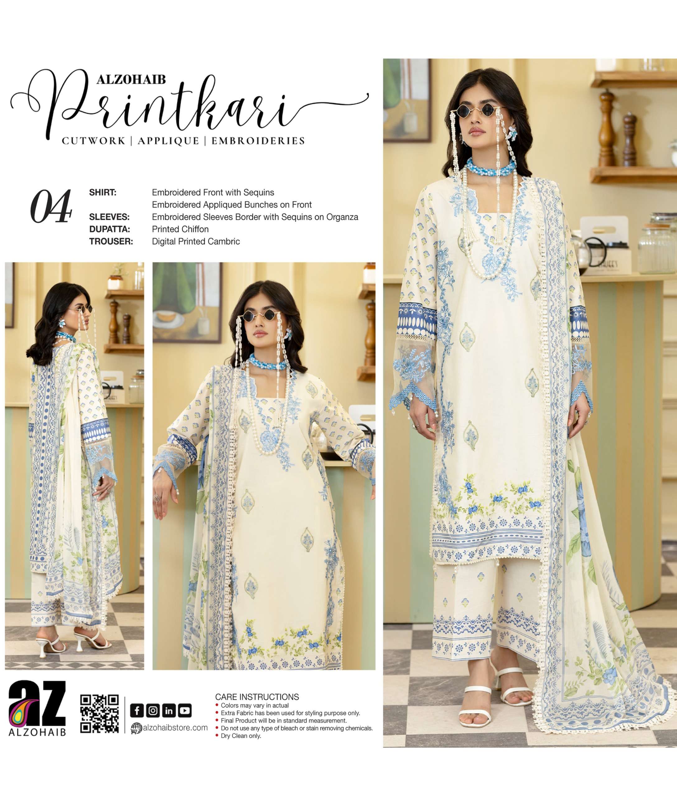 ZOHAIB TEXTILES SUNSHINE PRINTKARI EDITION EMBROIDERED SHIRT TYPE PAKISTANI SUIT EXPORTER